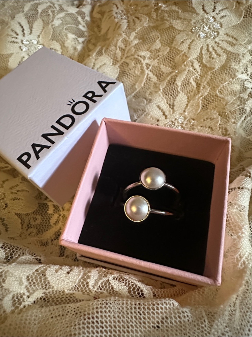 2 Pandora Silver Ring with White Pearlescent Orbs.      No box